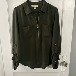 Olive green blouse with gold accents